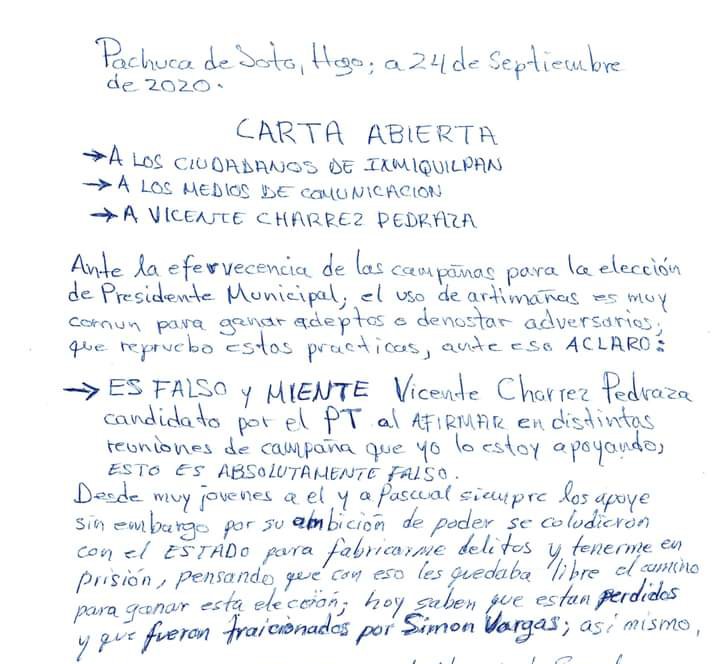 La carta que el ex diputado federal Cipriano Charrez escribió desde el CERESO.