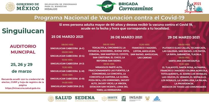 Checa las sedes y horarios de vacunación contra Covid-19 en Singuilucan