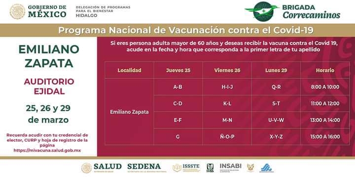 Emiliano Zapata se incorpora a vacunación mañana jueves