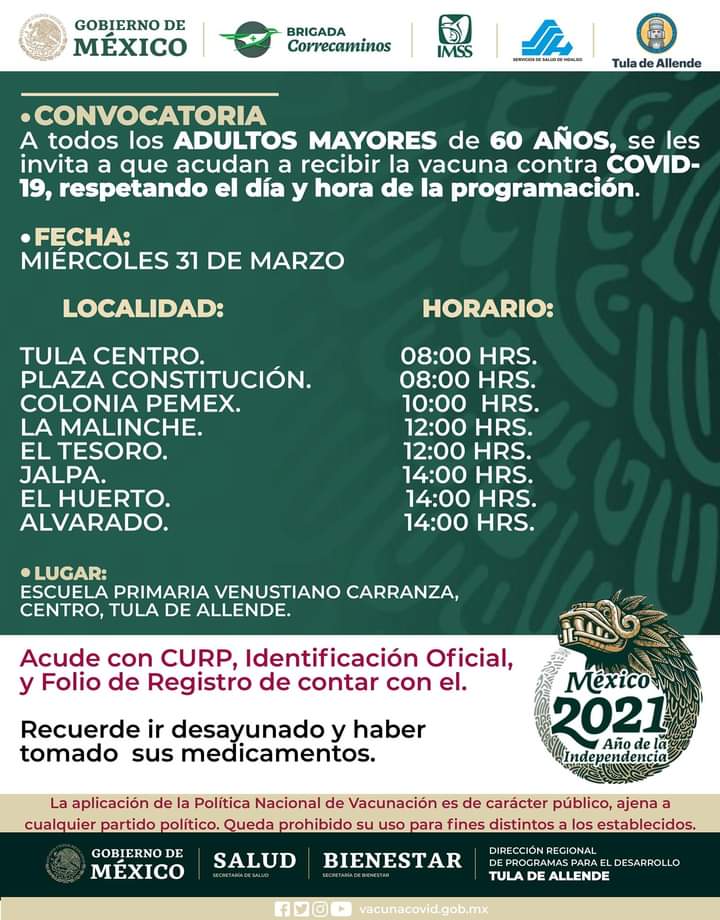 Mañana arranca vacunación de adultos mayores en Tula