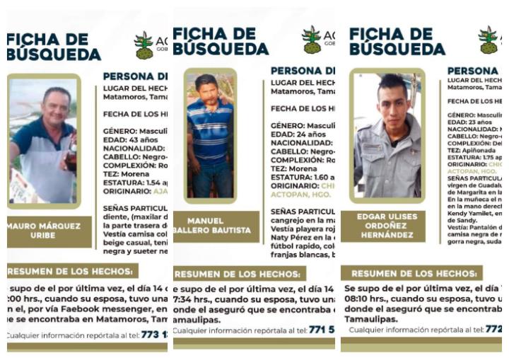 Buscan a tres hidalguenses desaparecidos en Matamoros, Tamaulipas