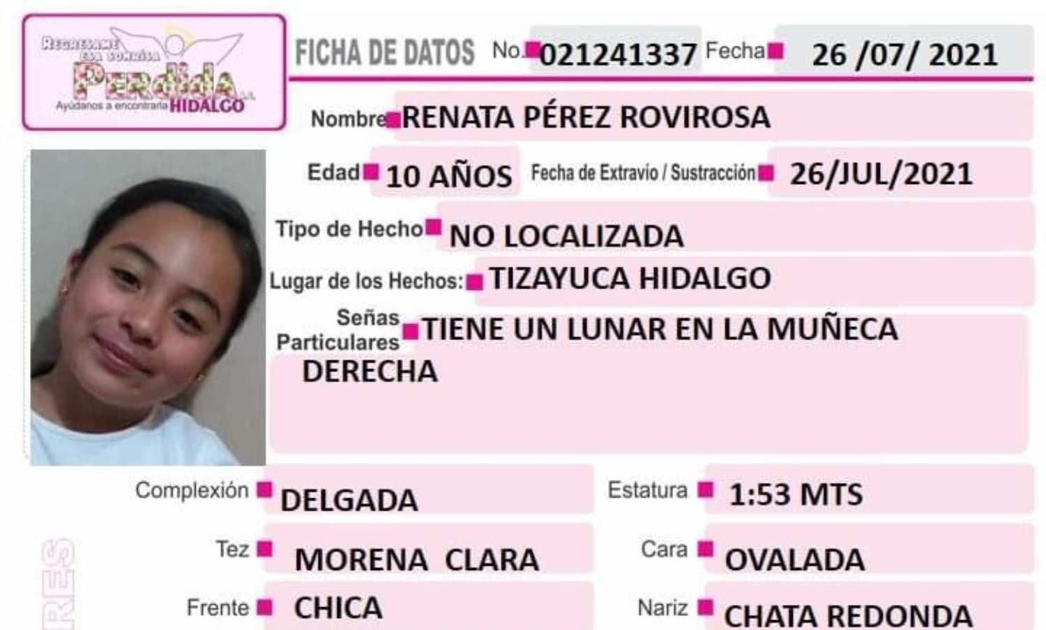 Desaparece Renata Pérez de 10 años en Tizayuca