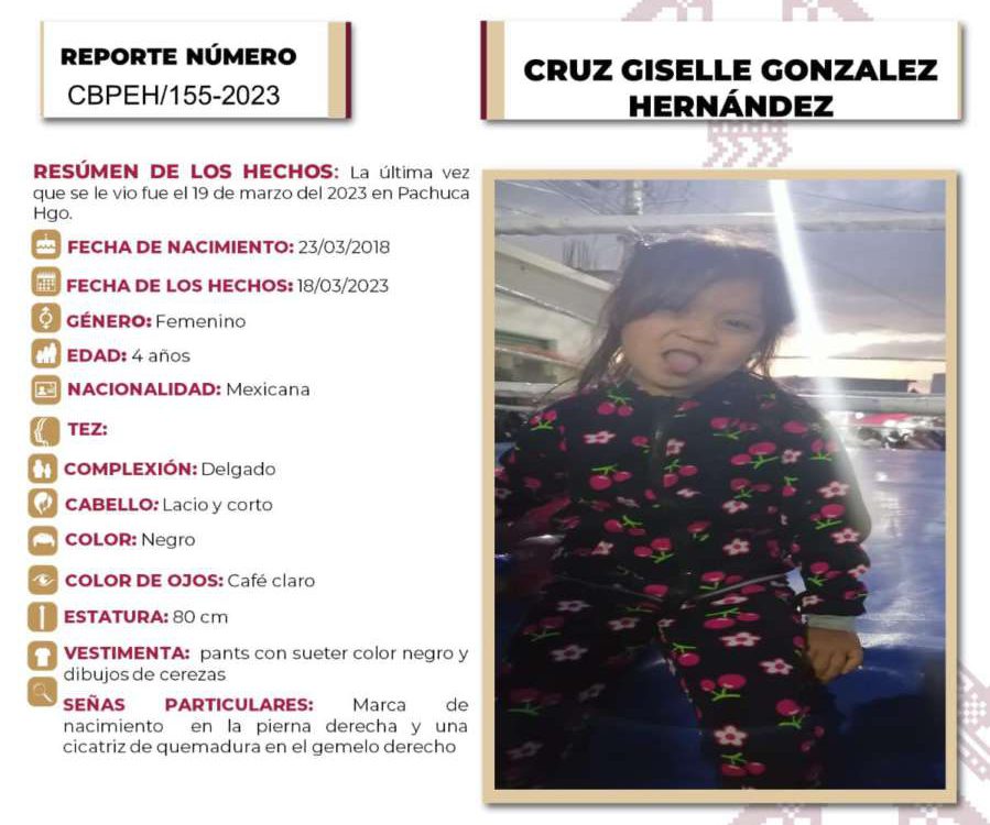 Emiten ficha de búsqueda para localizar a menor extraviada en Pachuca