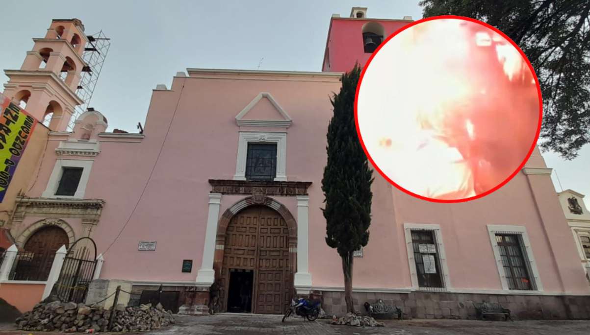 Pachuca: captan en VIDEO caída de rayo frente a la iglesia de La Asunción