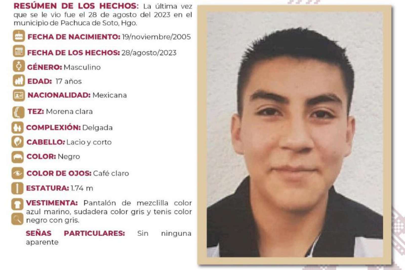 Emiten ficha de búsqueda para localizar a Noel, desapareció en Pachuca