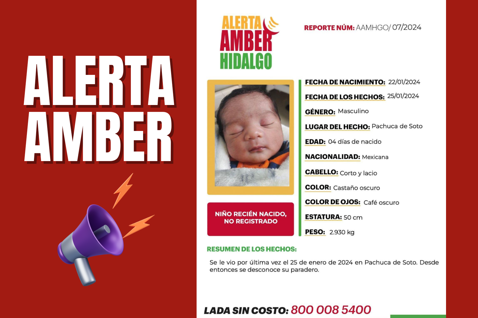 Emiten Alerta Amber por el secuestro de un recién nacido en Pachuca