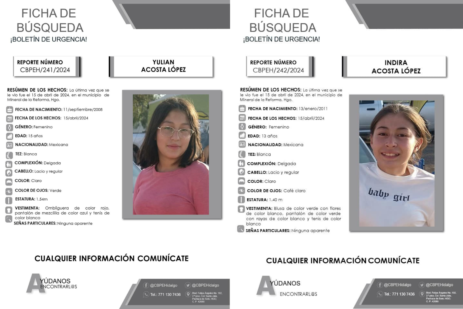 Emiten fichas de búsqueda para localizar a dos jóvenes desaparecidas en Mineral de la Reforma