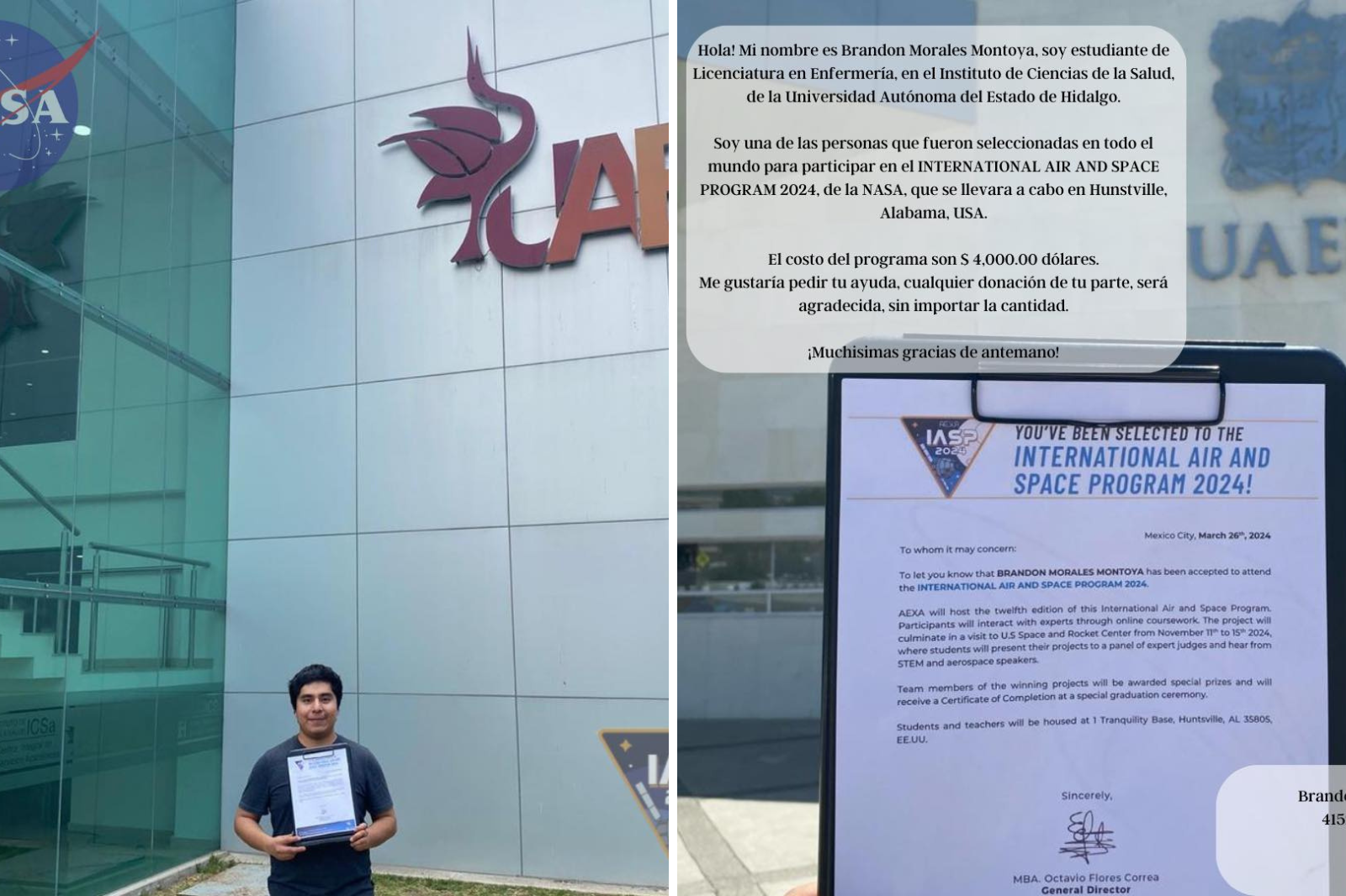 Estudiante de la UAEH busca apoyo para programa espacial de la NASA