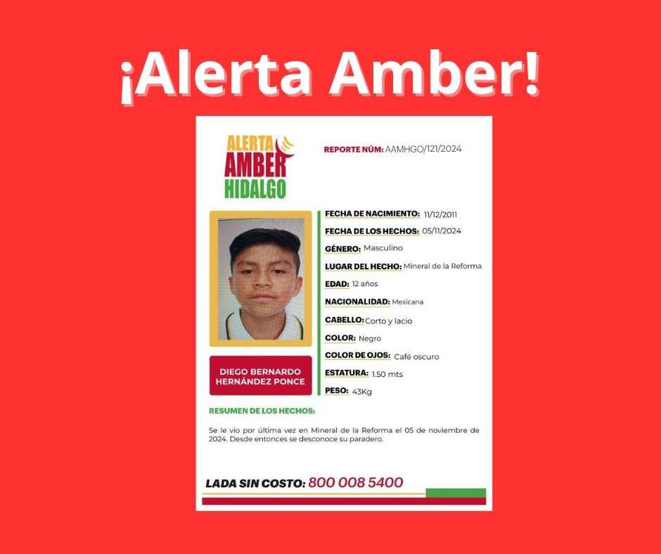 ¡Alerta Amber! para localizar a Diego Bernardo Hernández Ponce en Mineral de la Reforma