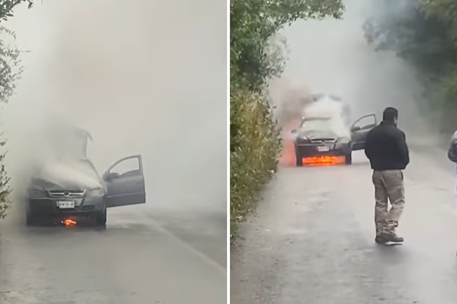 Un auto se incendió en la carretera Huejutla-Atlapexco, pero el conductor logró salir a tiempo.