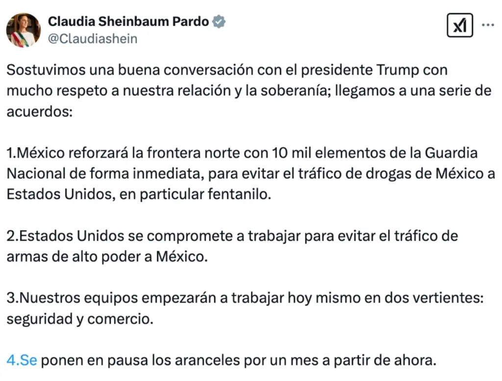 Tras un acuerdo entre el gobierno de México y Estados Unidos, se suspenden por un mes los aranceles del 25% a exportaciones mexicanas. 