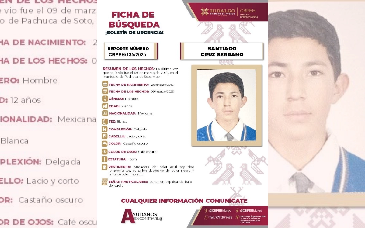 Hidalgo: Emiten ficha de búsqueda urgente para localizar a Santiago Cruz Serrano, de 12 años