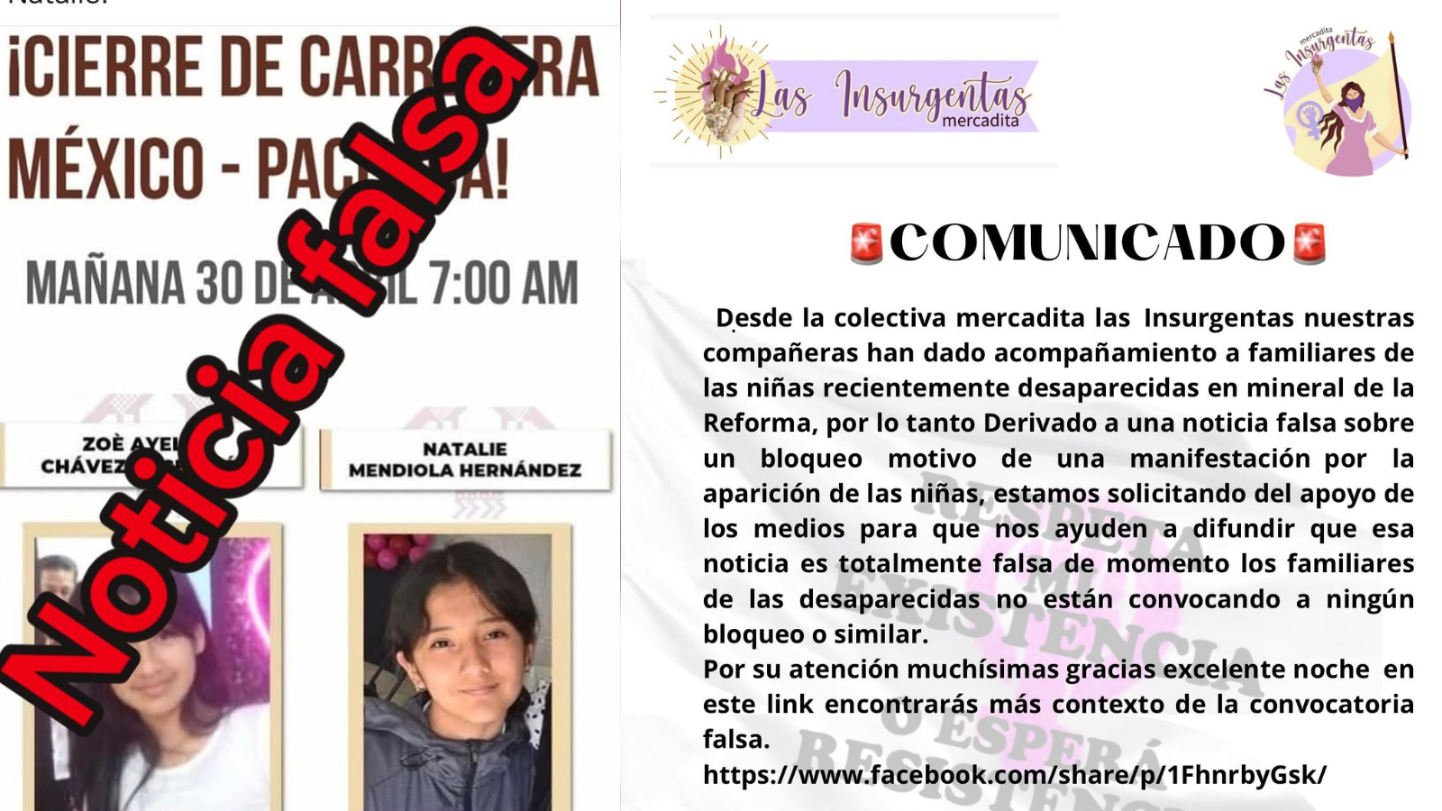 Desmienten noticia falsa sobre manifestación por Zoé y Natalie en Mineral de la Reforma