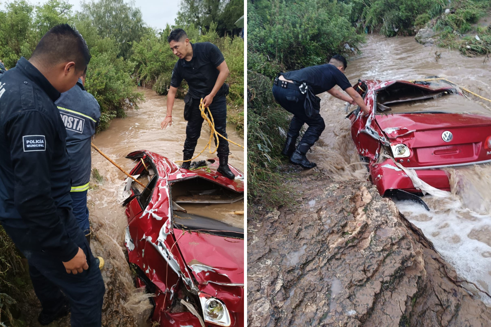 Auto arrastrado por la corriente en Zempoala moviliza a cuerpos de emergencia