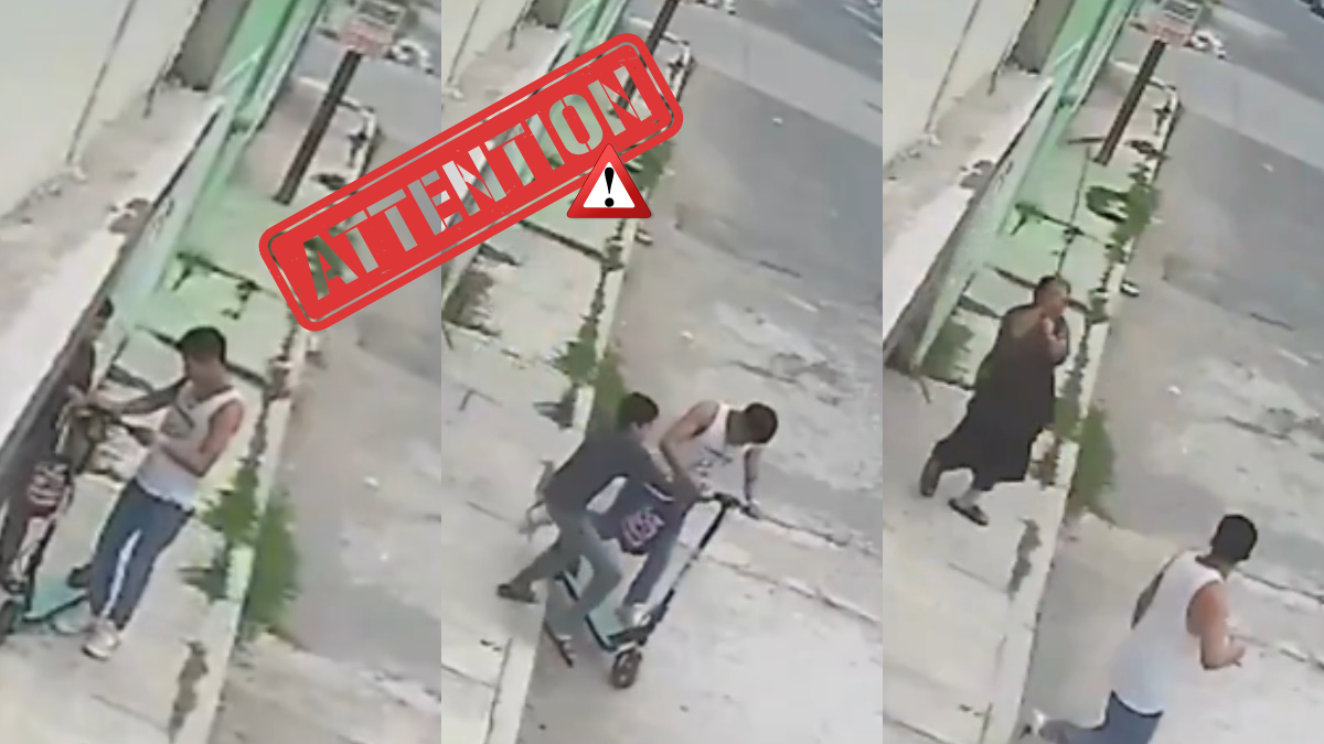 VIDEO: Nieto y abuelita furiosa enfrentan a ladrón; quería robarse un scooter en Edomex