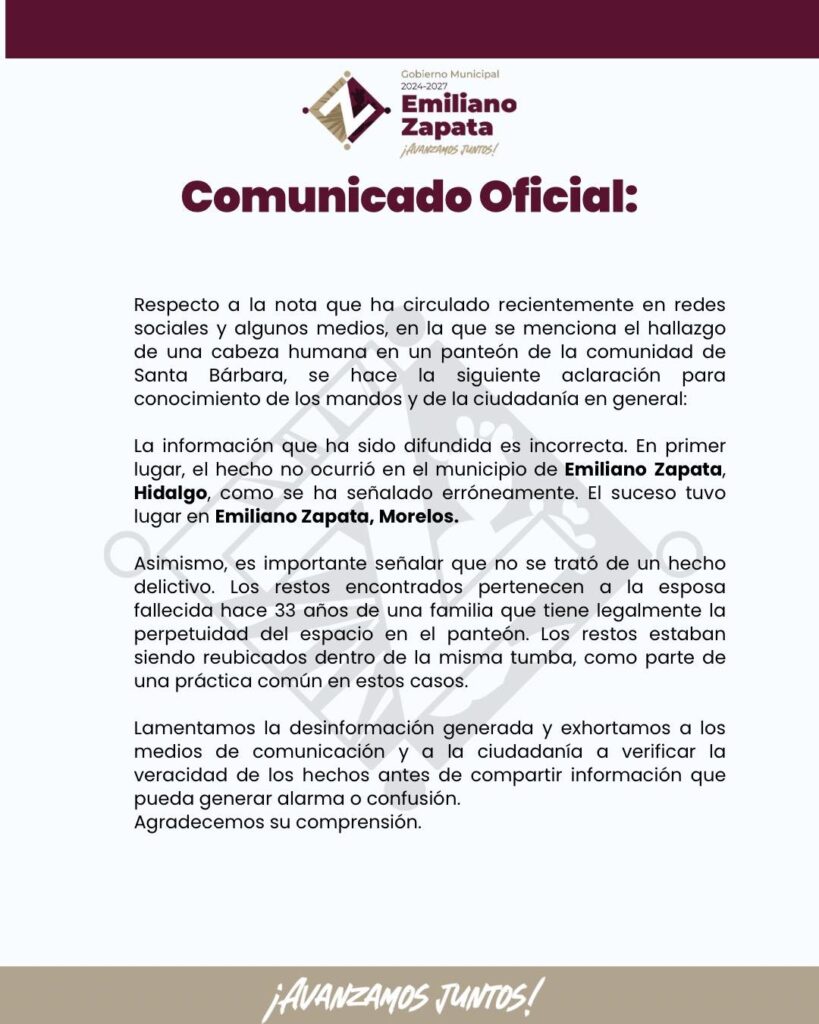 Comunicado oficial de la alcaldía de Emiliano Zapata, Hidalgo. 