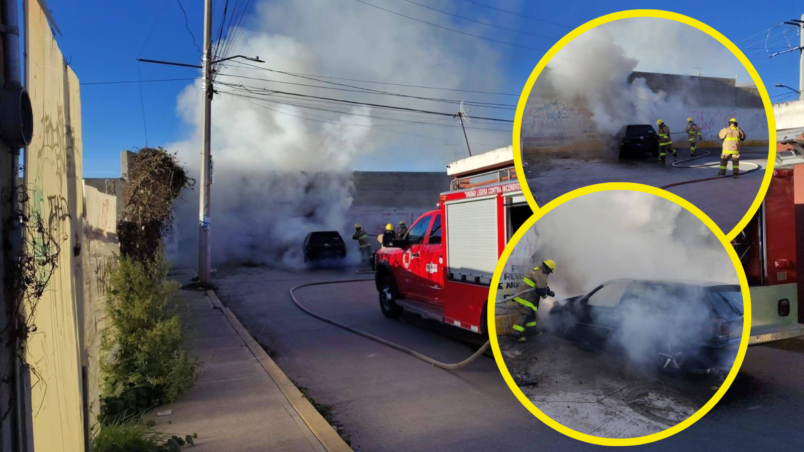 Vehículo incendiado en Pachuca controlado por bomberos.