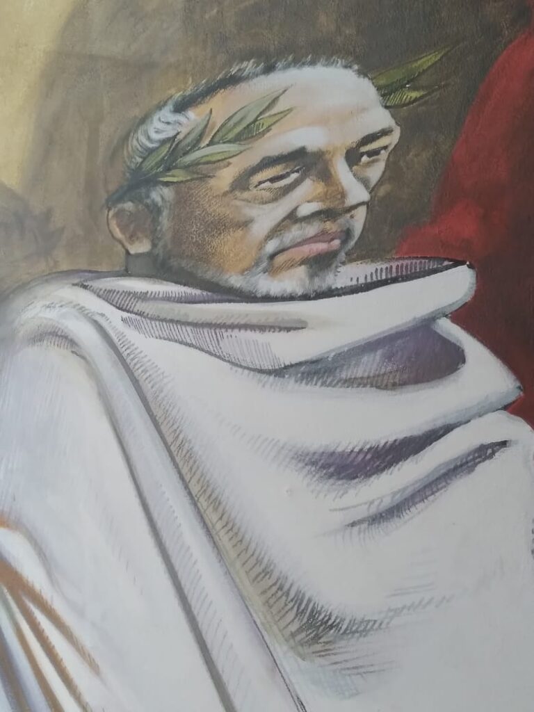 El mural muestra a Omar Roldán juanto a Dante Alighieri, poeta y politico italiano con su poema "La Divina Comedia".