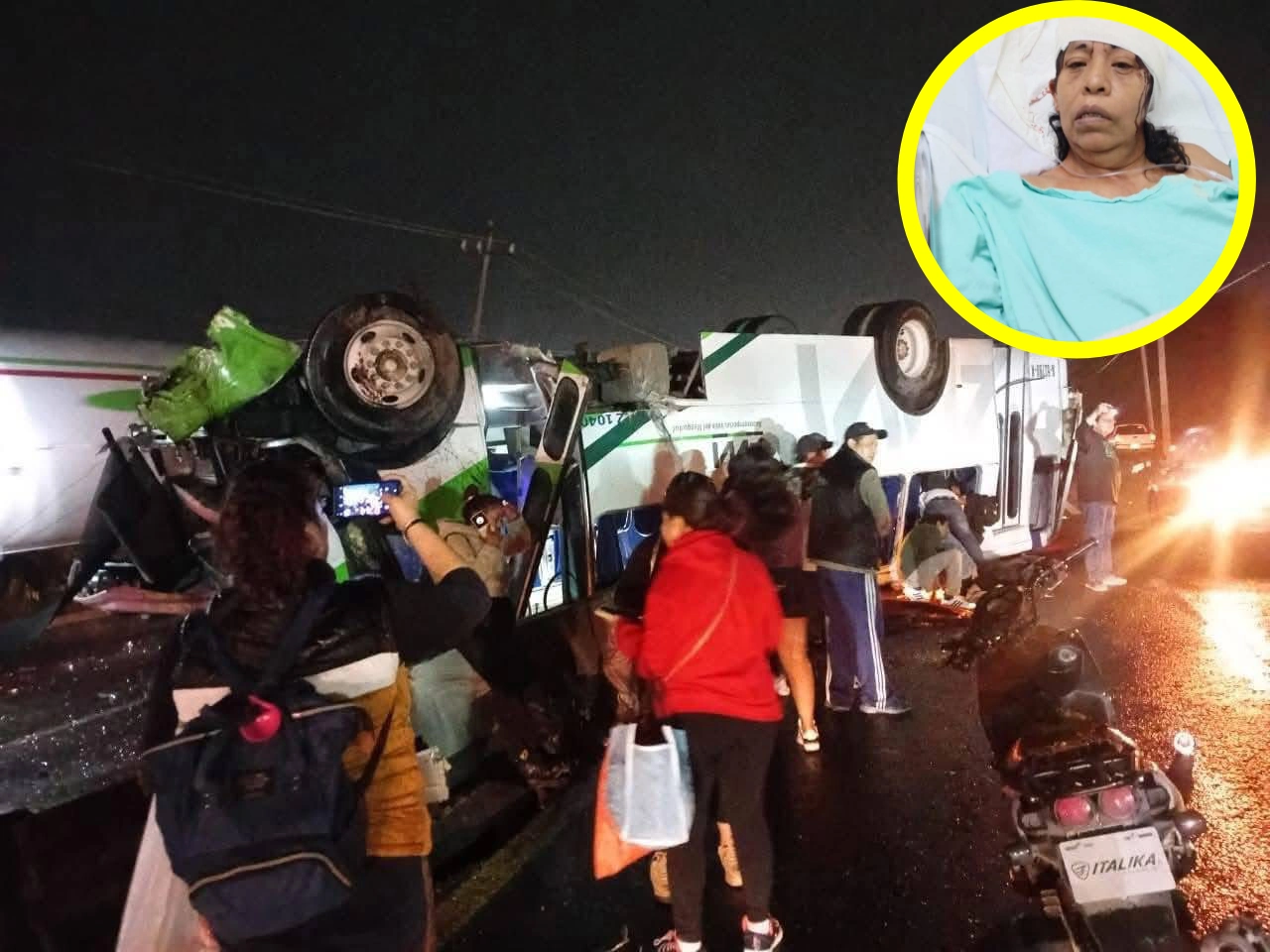 Autobús de la línea AVM Ovnibus volcado en la carretera Jorobas–Tula, accidente deja 19 heridos en Huehuetoca, Estado de México.