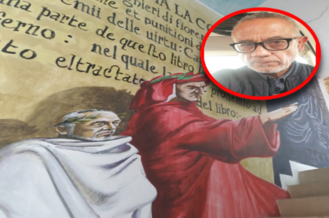 Mural de la Divina comedia en la Caasa de Cultura Ricardo Garibay, donde el director de cultura Omar Roldán incluyó un autoretrato