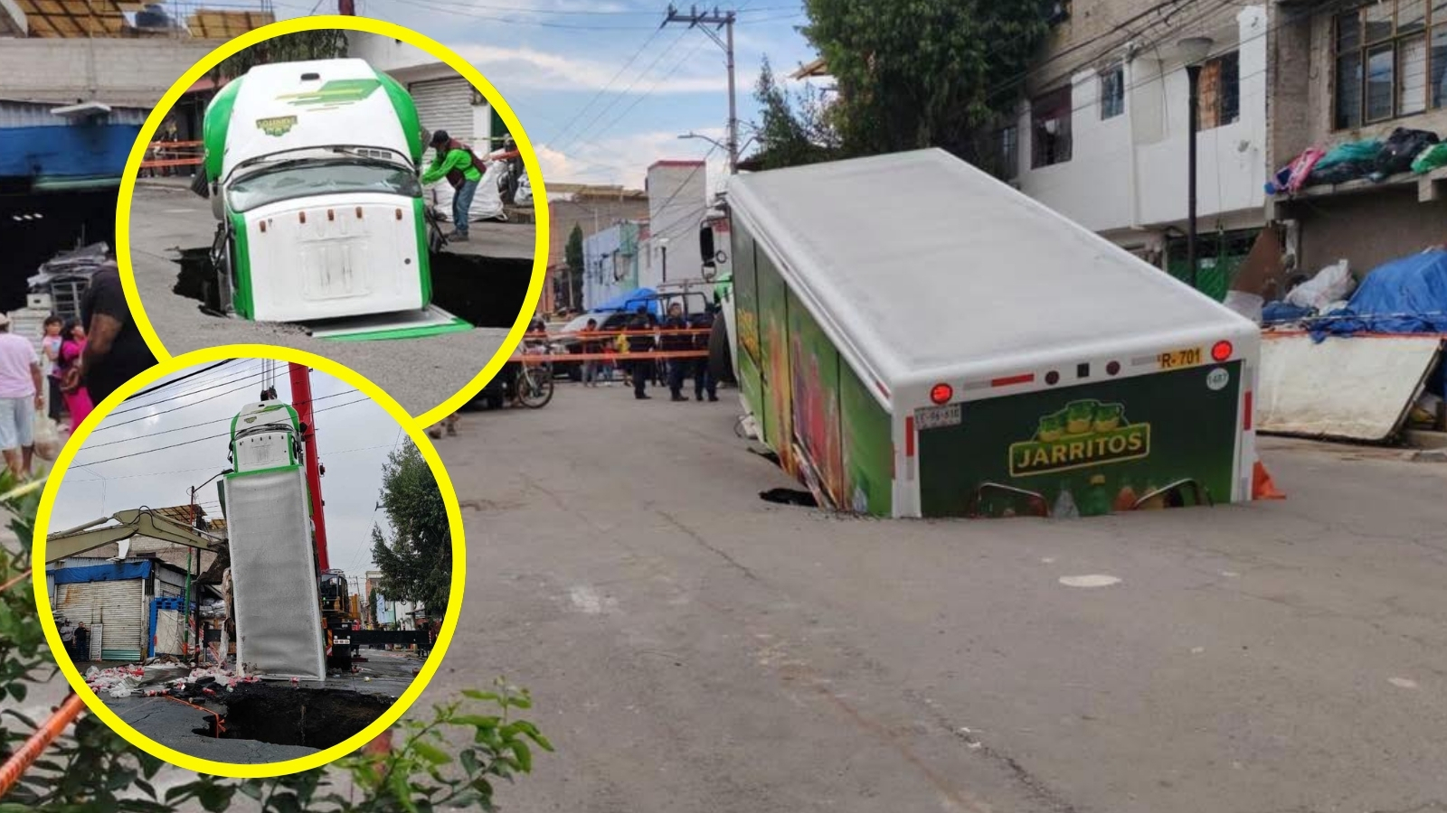 Camión refresquero atrapado en un socavón