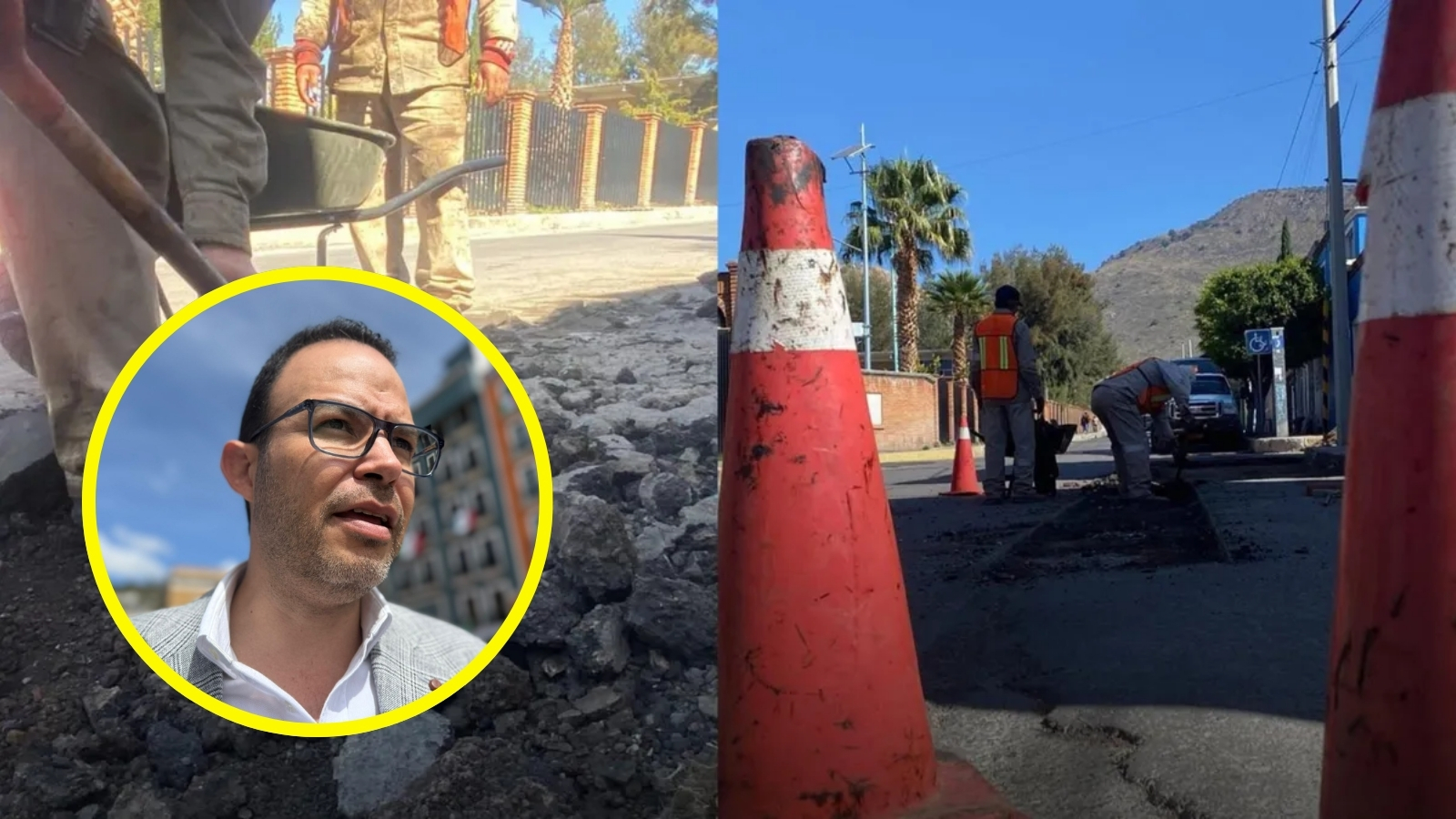 Obreros aplican pavimento en una vialidad de Pachuca