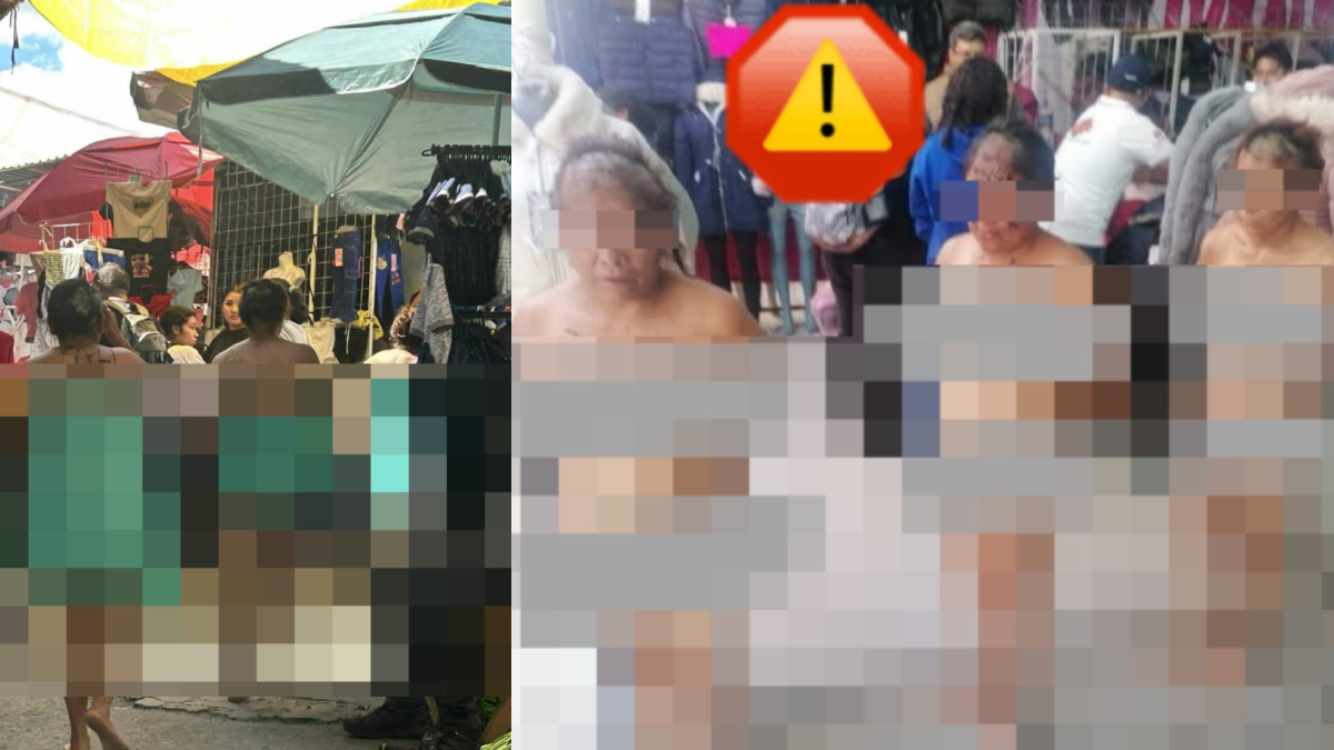 Rapan y desnudan a ladronas en tianguis de Texmelucan, Puebla. Comerciantes hartos de los robos las exhibieron y las autoridades ya investigan.