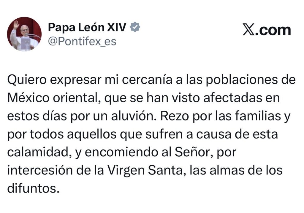 El Papa León XIV expresó su cercanía a los damnificados por las lluvias en Hidalgo y oriente de México, pidiendo por las víctimas.