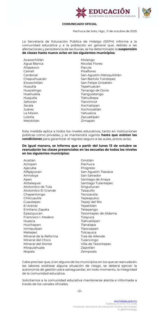 Comuniado de la SEPH suspensión de clases por lluvias 