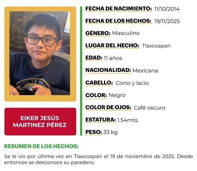 Activan alerta amber para localizar a Eiker Jesús Martínez Pérez, menor extraviado en Tlaxcoapan