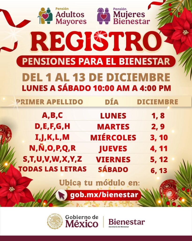 Calendario oficial de registro de la Pensión Bienestar en Hidalgo para diciembre 2025.