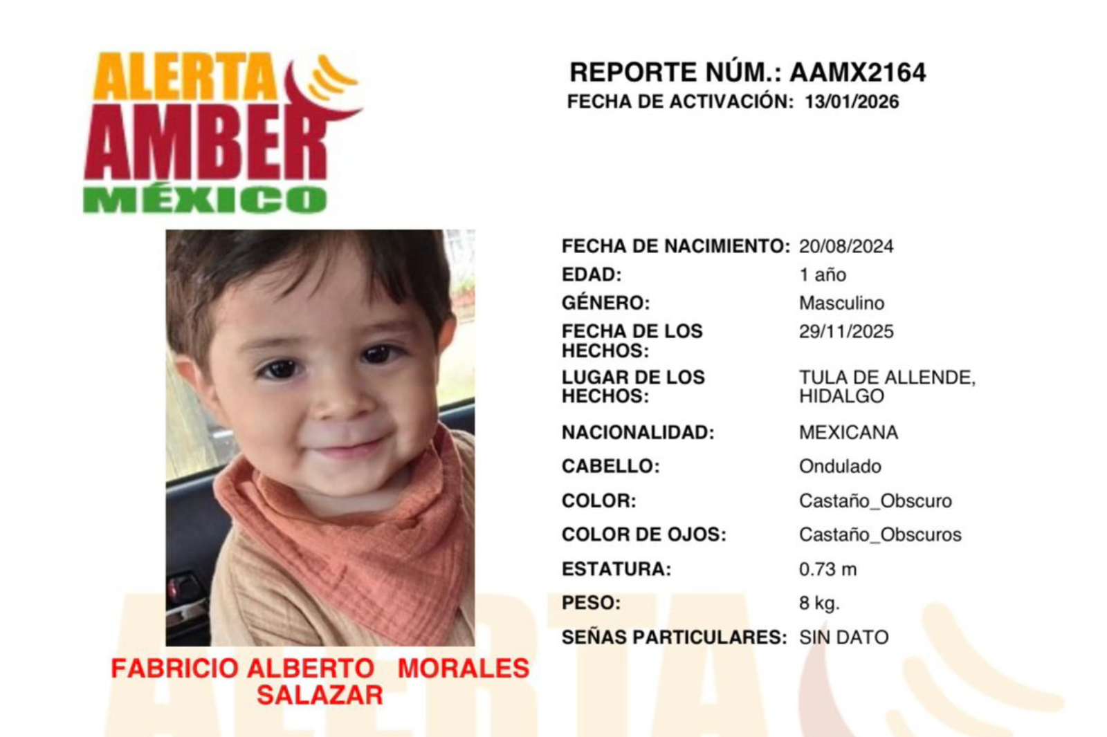 Activan Alerta Amber en Hidalgo por bebé desaparecido en Tula