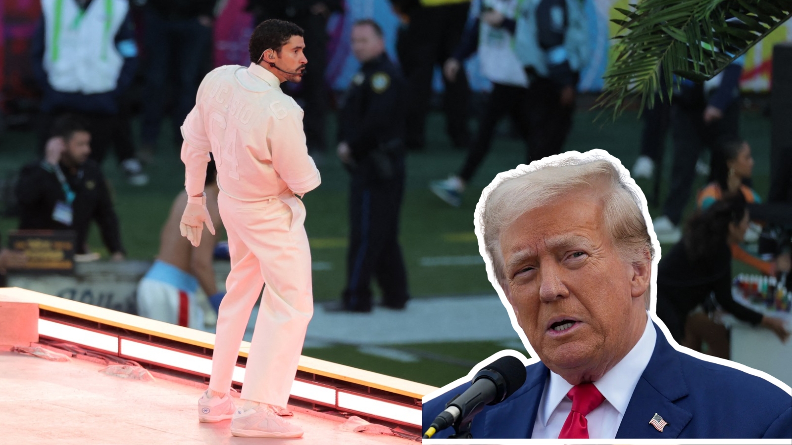 Bad Bunny durante su presentación en el medio tiempo del Super Bowl y Donald Trump