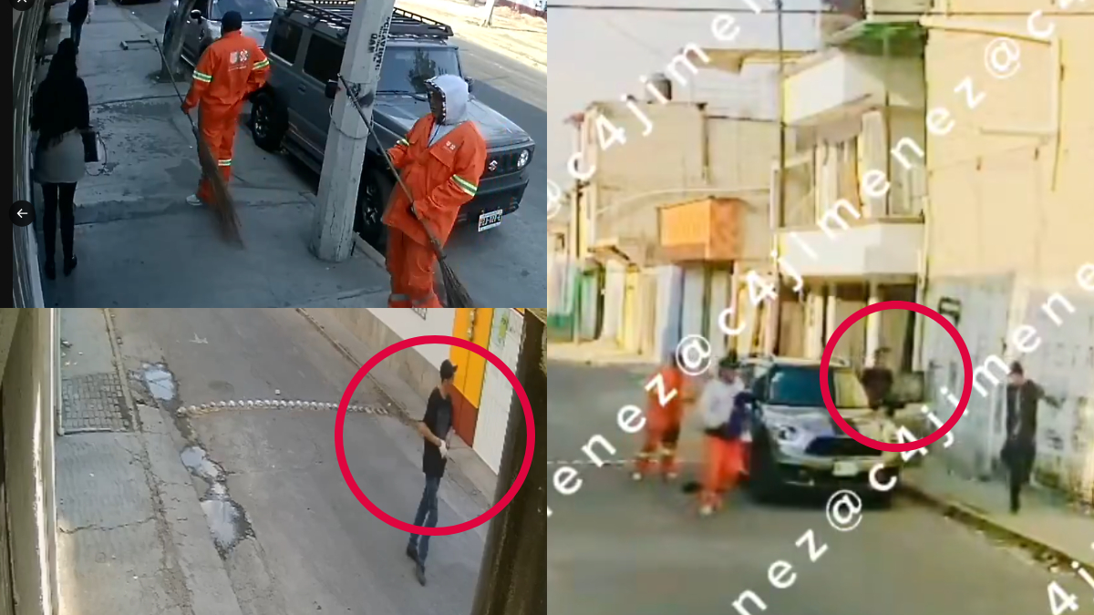 Nuevos videos revelan a los asaltantes disfrazados de barrenderos escapando y limpiando el vehículo con guantes.