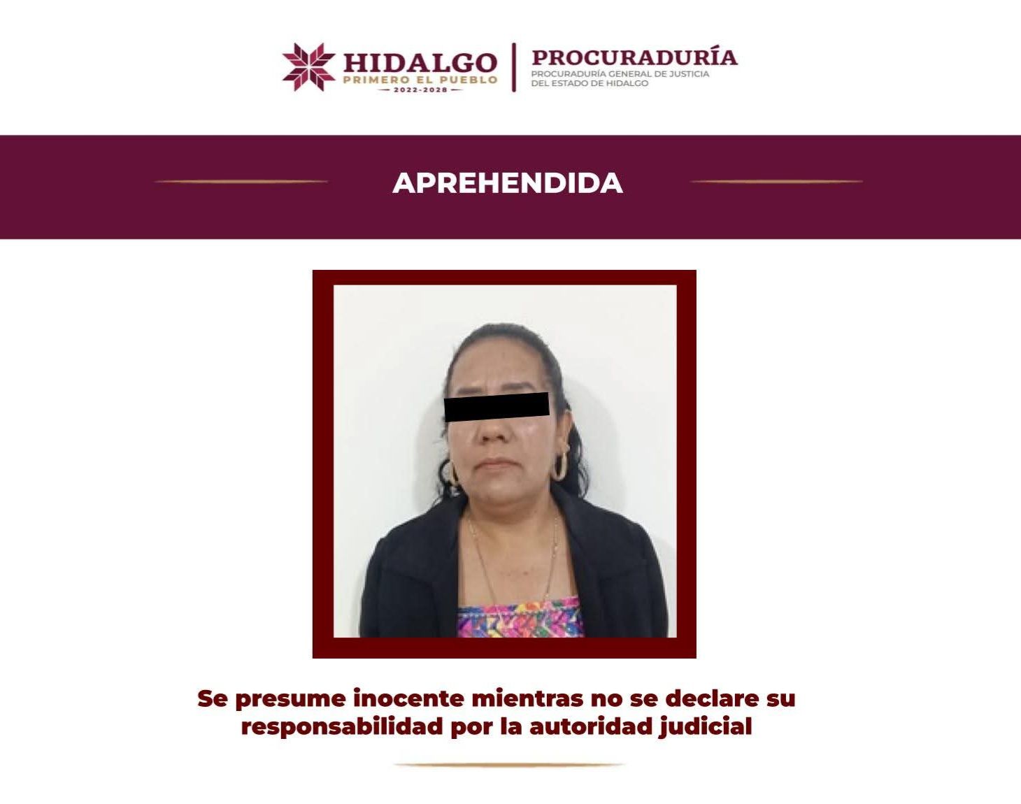 Ficha de detención de mujer por trata de personas en Jacala