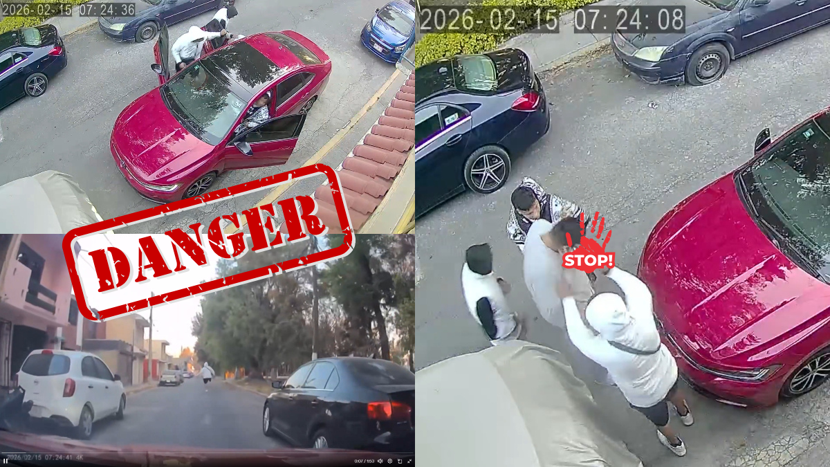 Tres sujetos armados roban auto en Tultitlán, colonia Alborada 1. Una niña estaba dentro y hubo disparos; cámara grabó el momento.