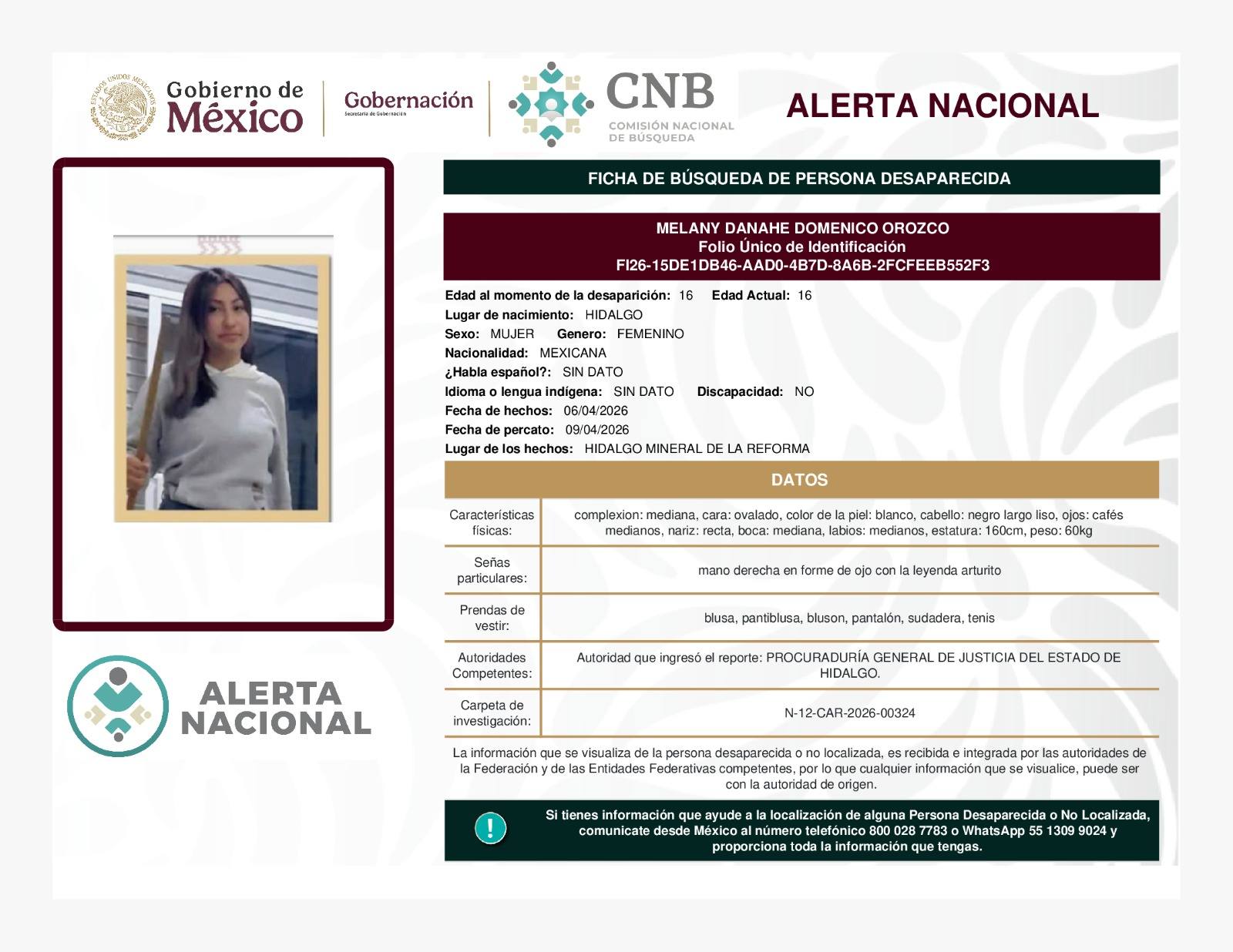 Alerta Amber Melany Danahe Domenico