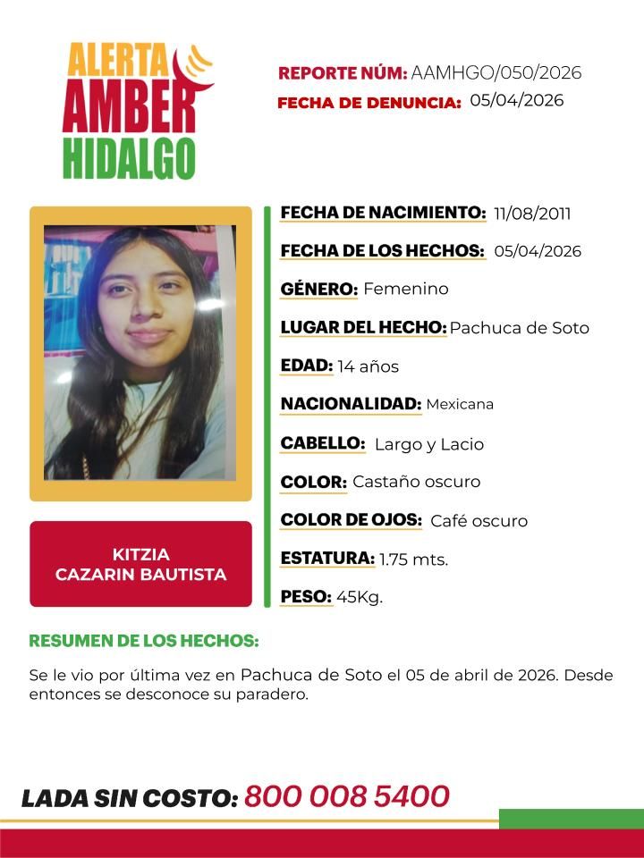 Ficha de búsqueda de Kitzia Cazarín Bautista.
