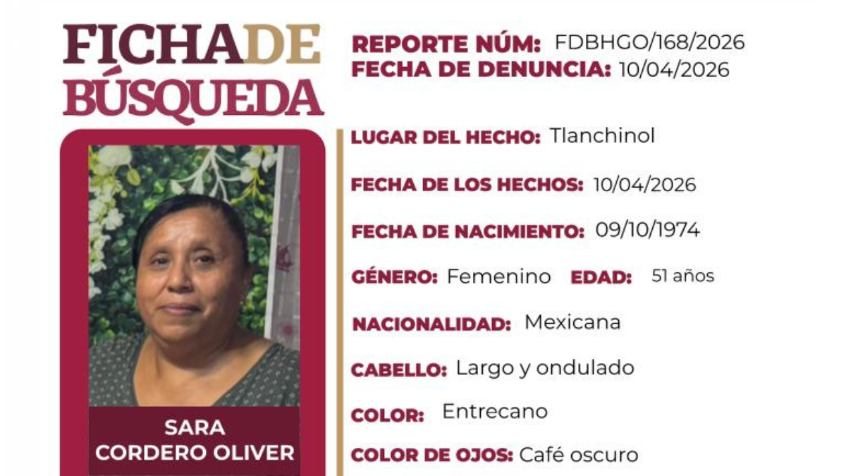 Ficha de búsqueda oficial de Sara Cordero Oliver, emitida por la Procuraduría de Hidalgo tras su desaparición en Tlanchinol.