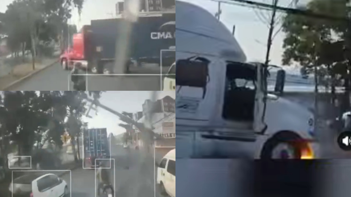 Revelan video del accidente donde un tráiler derriba un poste de luz en Gustavo Baz y provoca cierre vial.