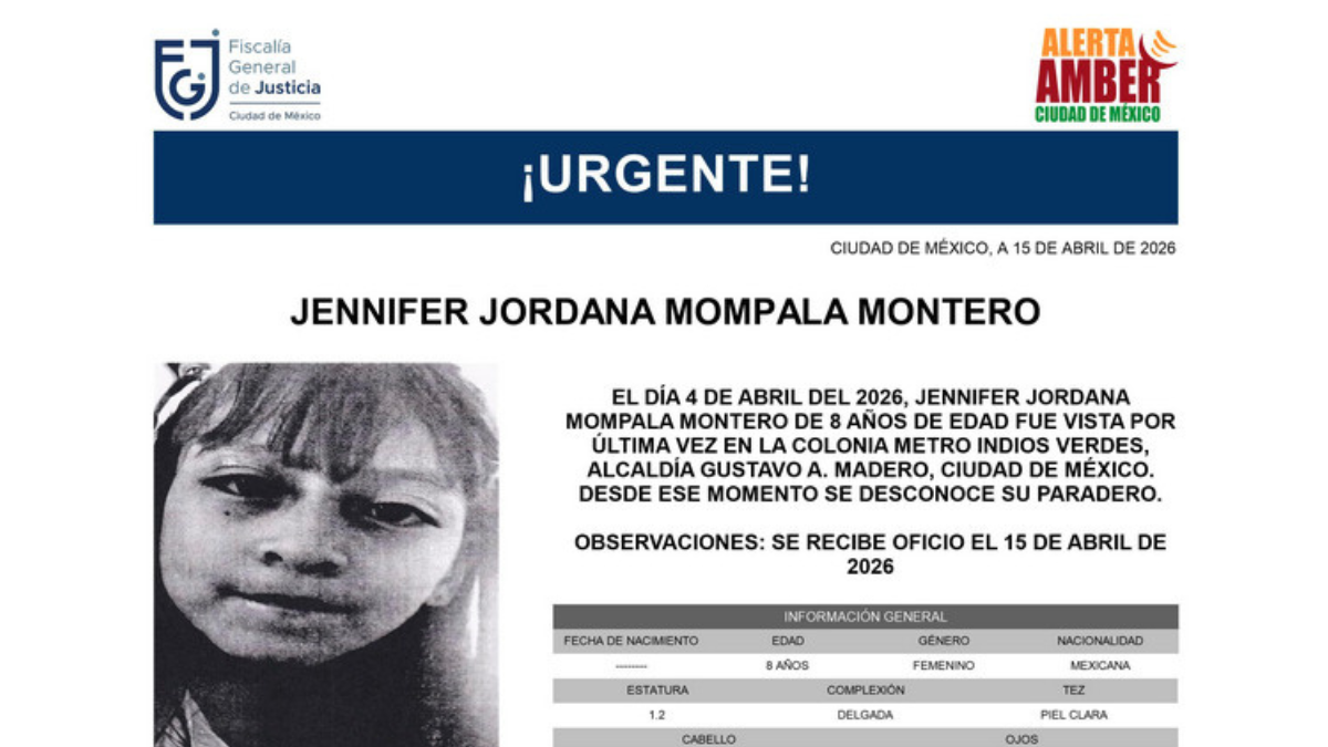 Activan Alerta Amber para localizar a Jennifer Jordana Mompala Montero, desaparecida en Indios Verdes.