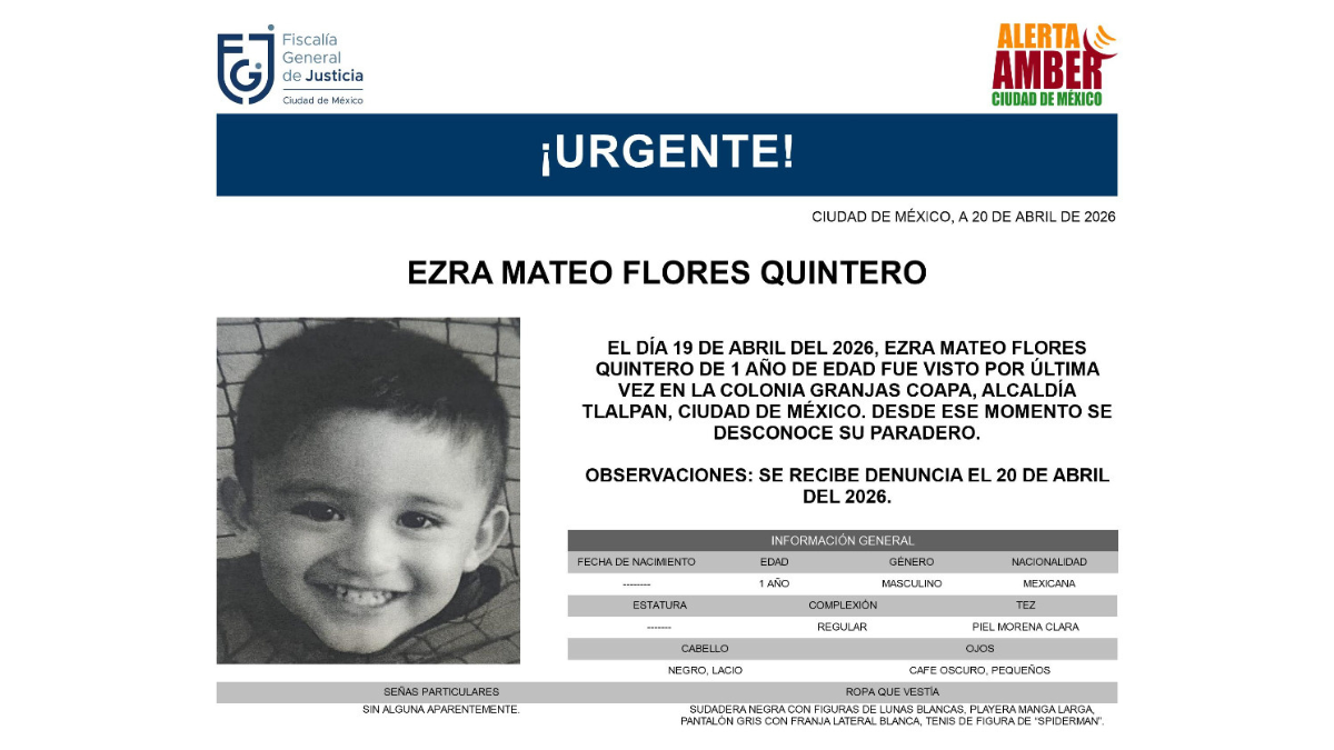 Activan Alerta Amber por Ezra Mateo Flores Quintero, desaparecido en Tlalpan.