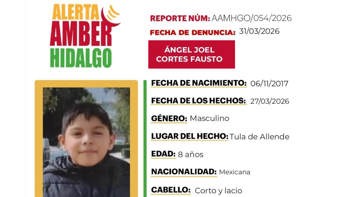 Ficha oficial de Alerta Amber para localizar a Ángel Joel Cortes Fausto en Hidalgo.