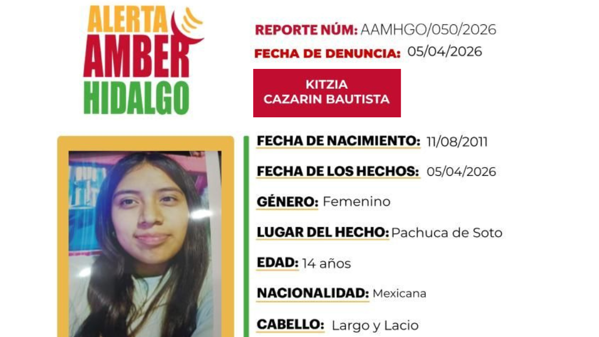 Emiten Alerta Amber para localizar a Kitzia Cazarín Bautista de 14 años de edad.