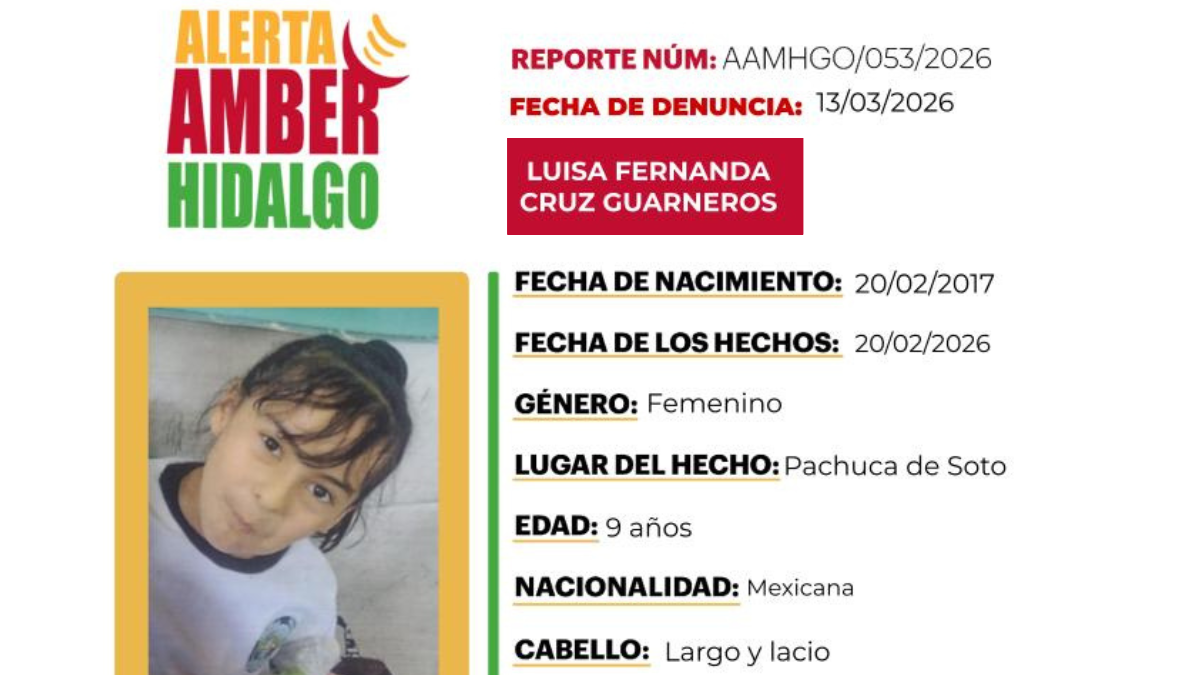 Ficha de búsqueda de Luisa Fernanda Cruz Guarneros, niña de 9 años reportada como desaparecida en Pachuca de Soto.