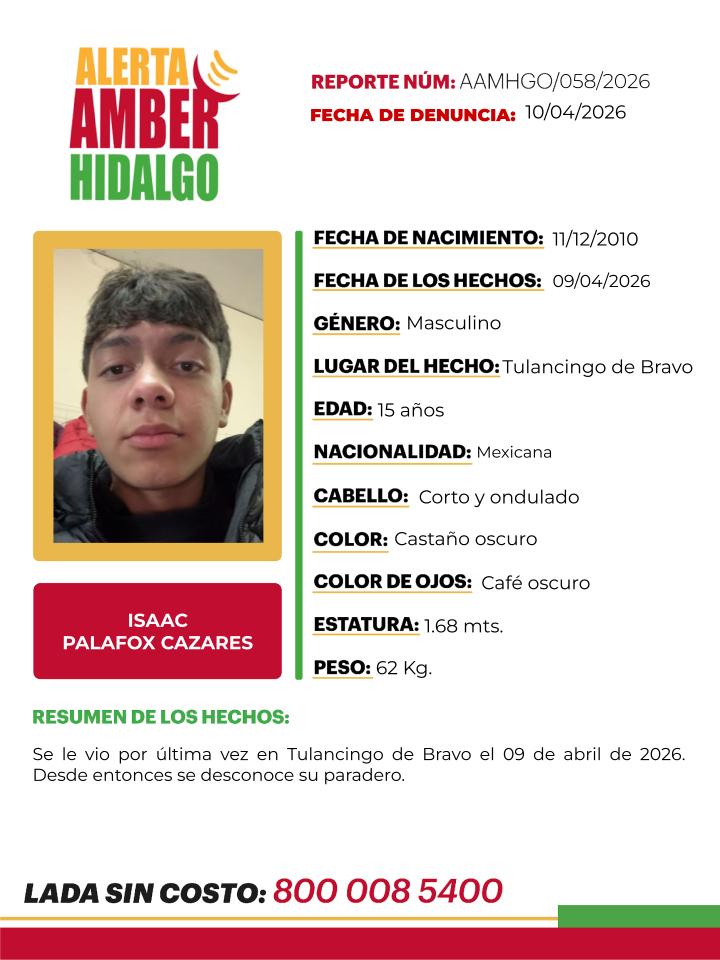 ¿Lo has visto? Se activa Alerta Amber por la desaparición de Isaac Palafox Cazares de 15 años en Tulancingo