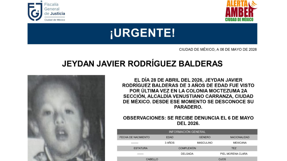 Ficha de búsqueda de Jeydan Javier Rodríguez Balderas, menor desaparecido en la CDMX.