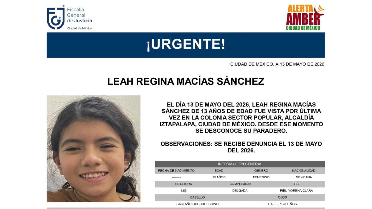 La adolescente Leah Regina Macías Sánchez fue vista por última vez en la colonia Sector Popular, en Iztapalapa.
