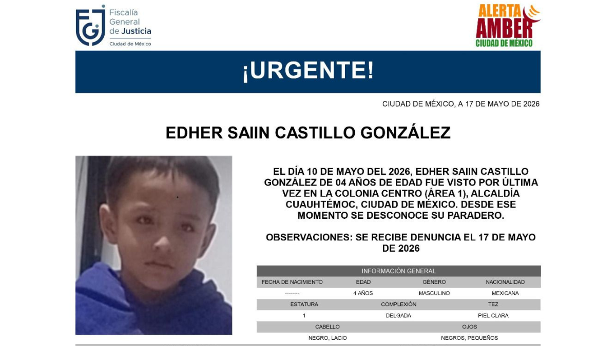 Ficha de búsqueda de Edher Saiin Castillo González, niño de 4 años desaparecido en la Ciudad de México.