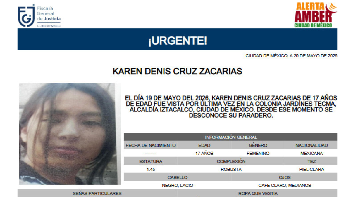 Ficha de búsqueda de Karen Denis Cruz Zacarias, adolescente desaparecida en la alcaldía Iztacalco, CDMX.